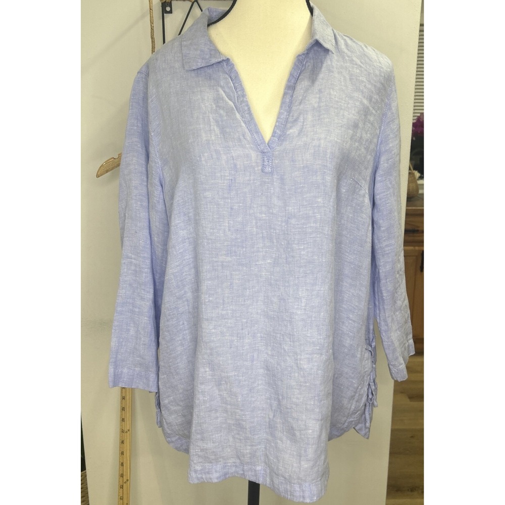 Isaac Mizrahi blue 100%‎ Linen V-Neck 3/4 sleeve tunic blouse ladies Sz S